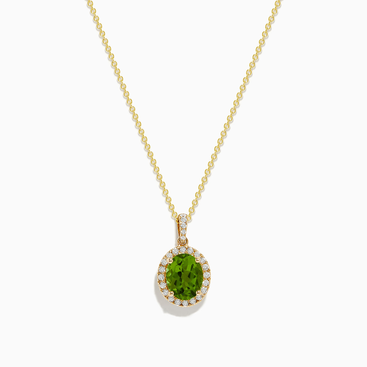 The 14K Yellow Gold Peridot and Diamond Pendant features a round peridot accented by sparkling diamonds, all set in yellow gold for a radiant look.