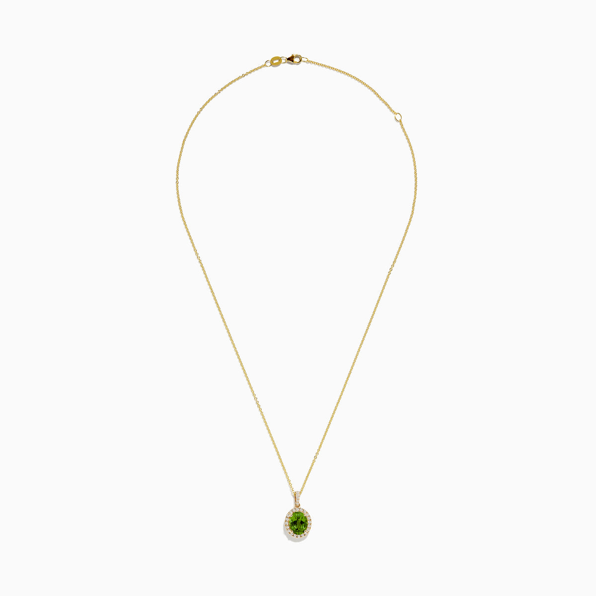 The 14K Yellow Gold Peridot and Diamond Pendant features a round peridot accented by sparkling diamonds, all set in yellow gold for a radiant look.