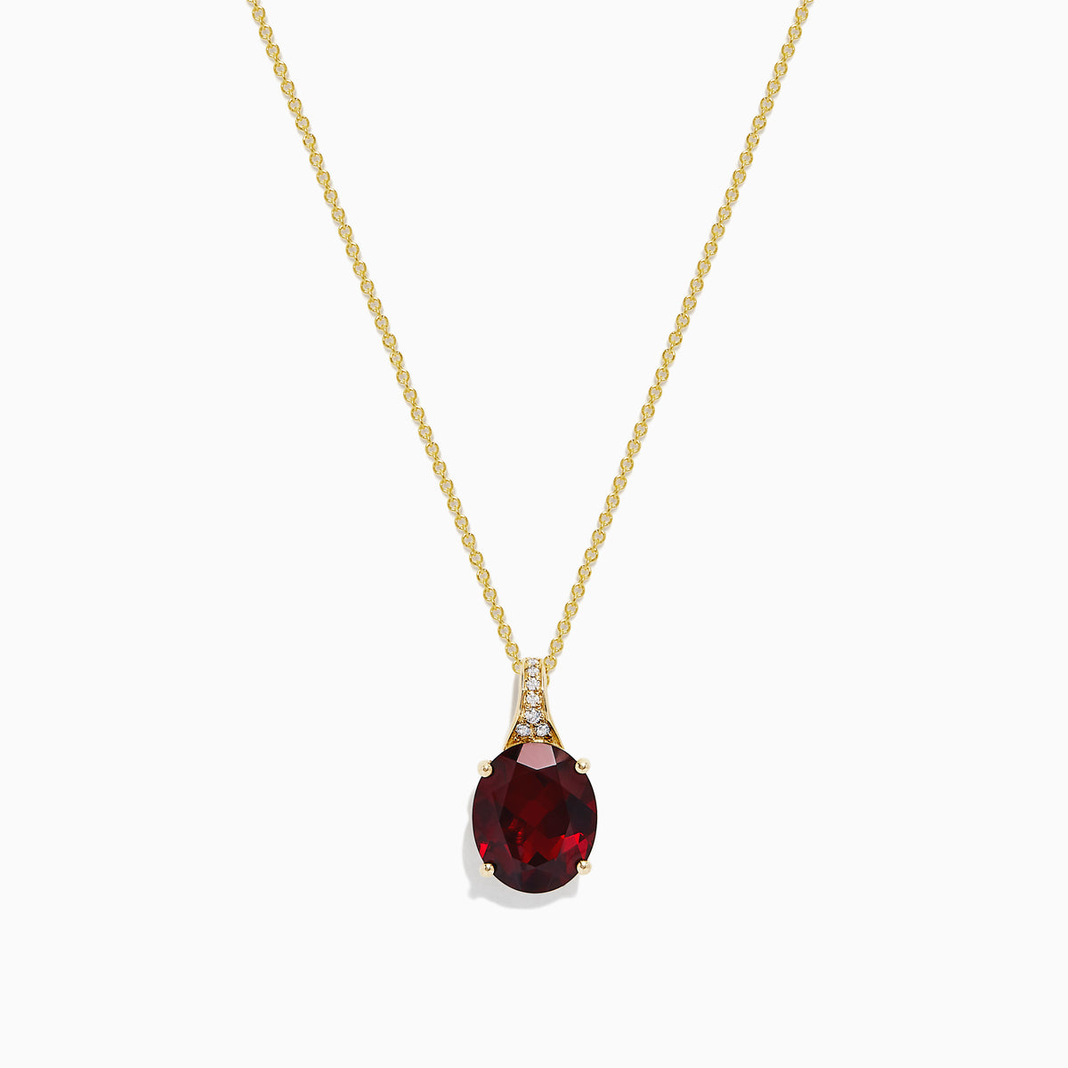 The Bordeaux 14K Yellow Gold Garnet and Diamond Pendant (4.68 TCW) features a fine chain and a striking oval deep red garnet accented by sparkling diamonds above the stone.