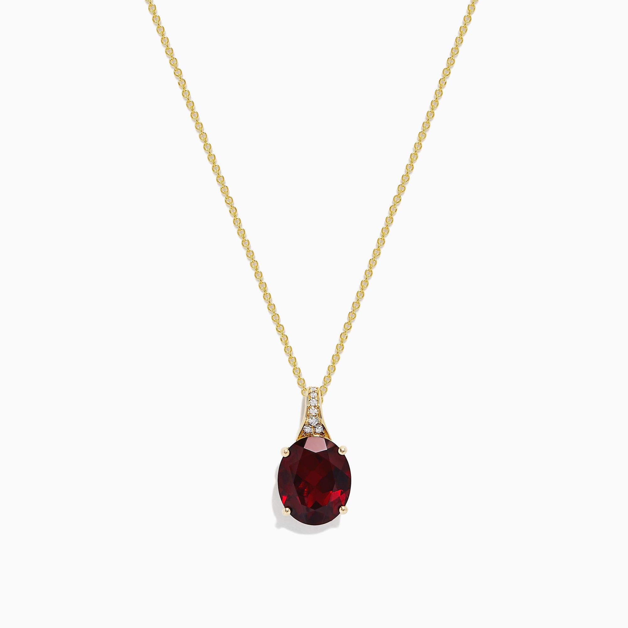 The Bordeaux 14K Yellow Gold Garnet and Diamond Pendant (4.68 TCW) features a fine chain and a striking oval deep red garnet accented by sparkling diamonds above the stone.