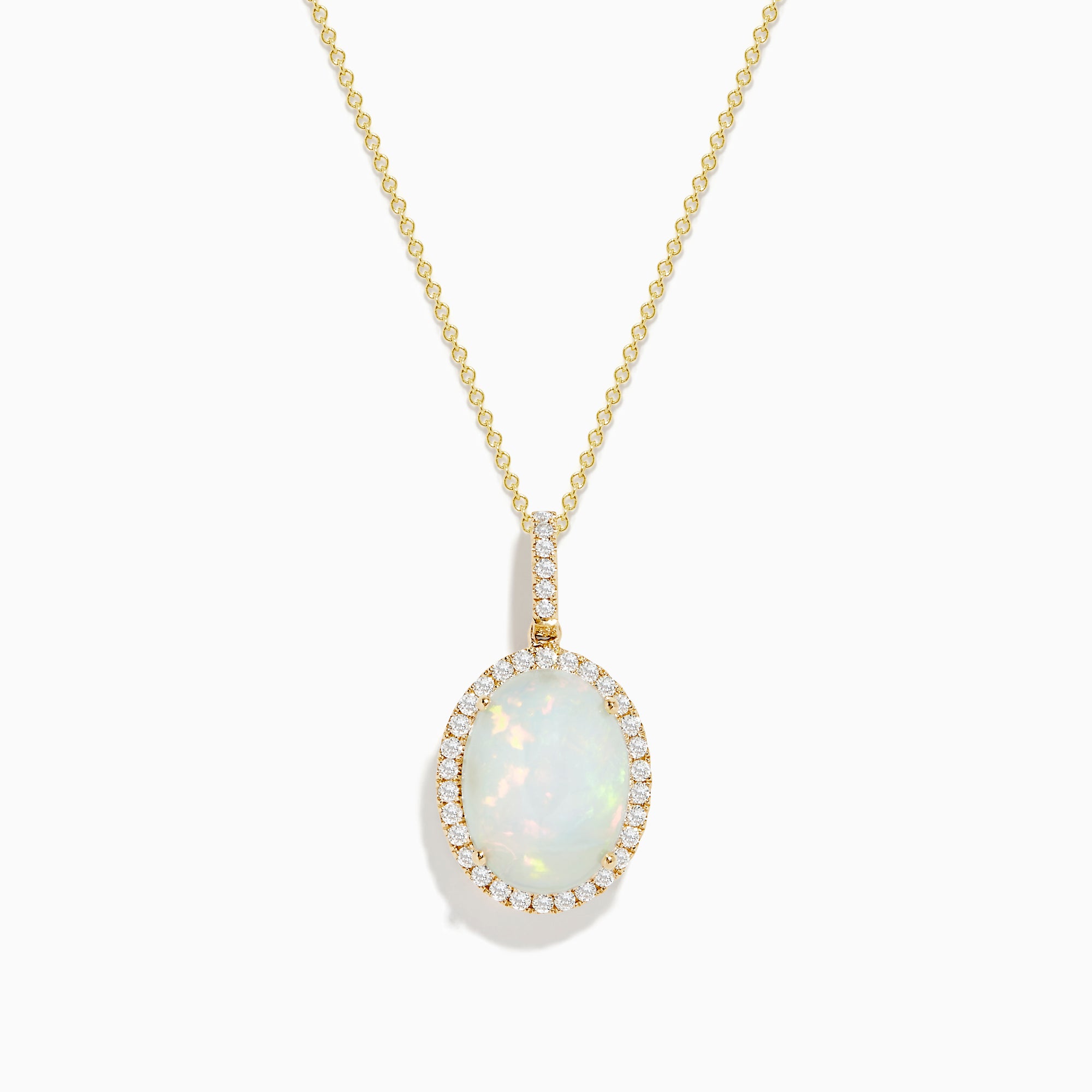 The Aurora 14K Yellow Gold Opal and Diamond Pendant features a stunning oval opal surrounded by sparkling diamonds, presented on a simple white background.