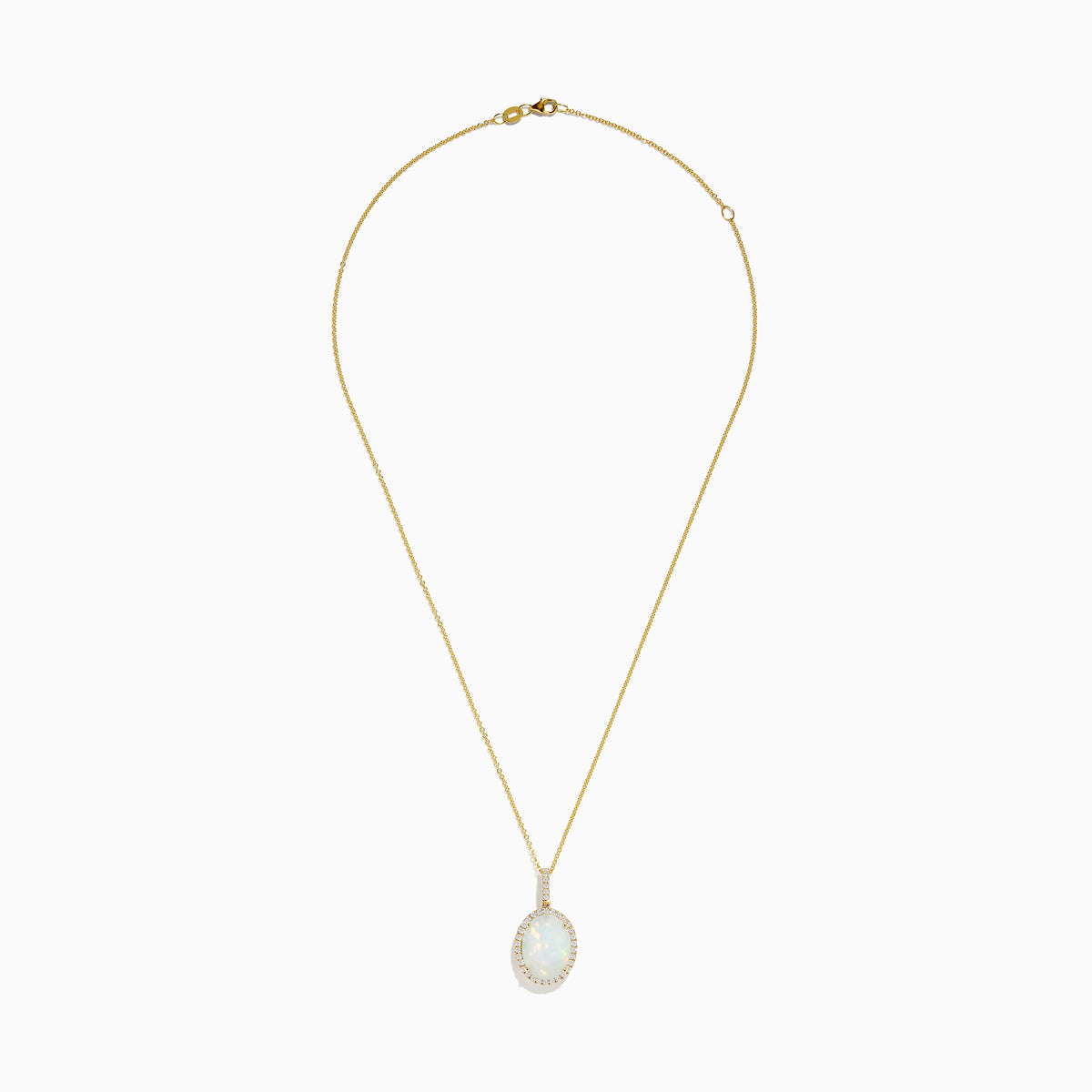 The Aurora 14K Yellow Gold Opal and Diamond Pendant features a stunning oval opal surrounded by sparkling diamonds, presented on a simple white background.