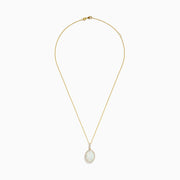 The Aurora 14K Yellow Gold Opal and Diamond Pendant features a stunning oval opal surrounded by sparkling diamonds, presented on a simple white background.