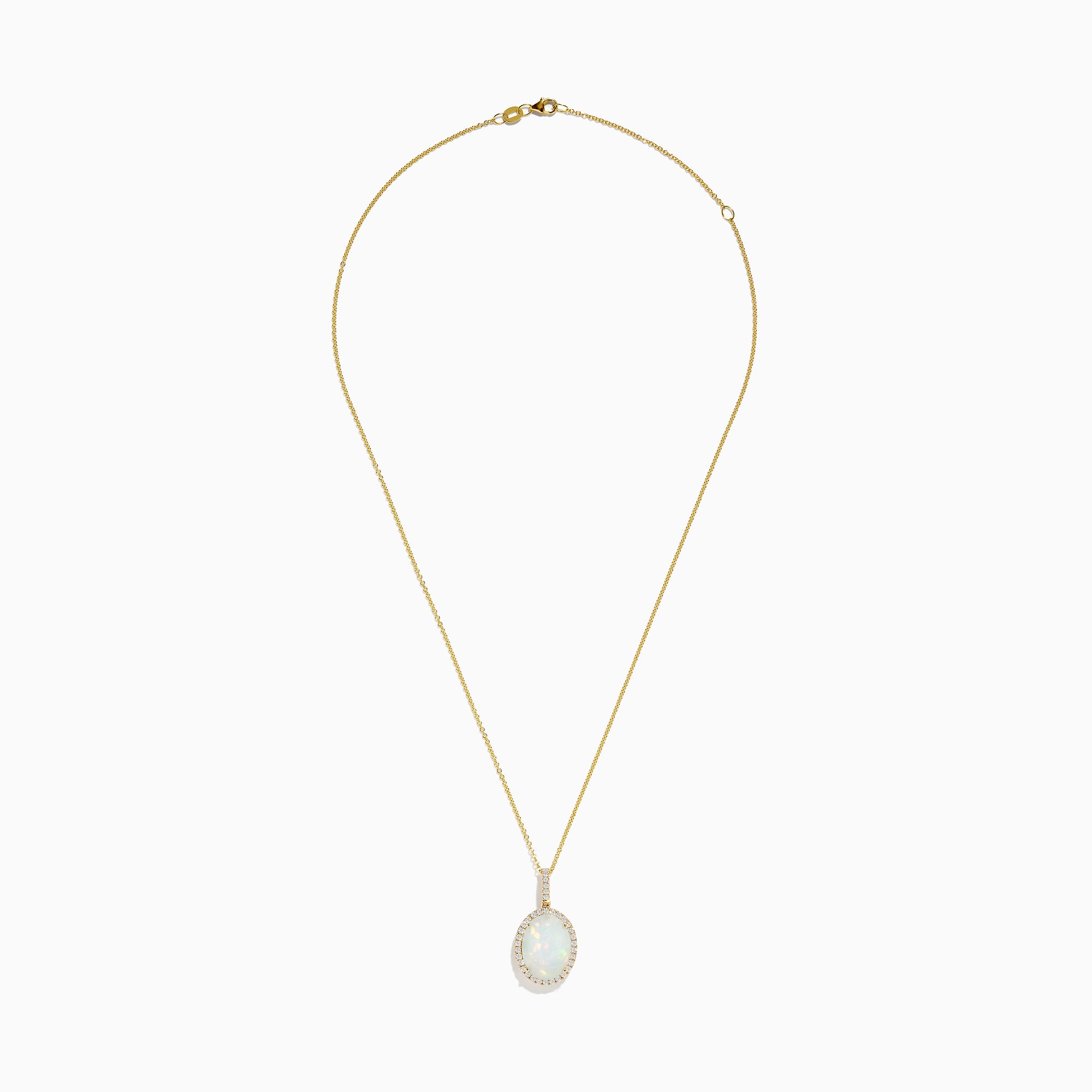 The Aurora 14K Yellow Gold Opal and Diamond Pendant features a stunning oval opal surrounded by sparkling diamonds, presented on a simple white background.