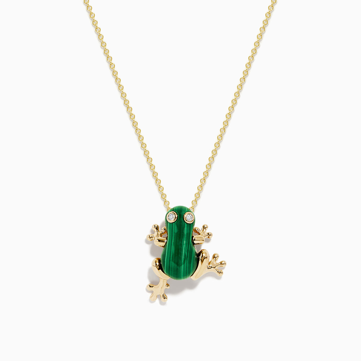 Safari 14K Yellow Gold Malachite and Diamond Frog Pendant: A gold chain necklace with a frog design, featuring a malachite green center and sparkling diamond eyes, crafted in 14K yellow gold.