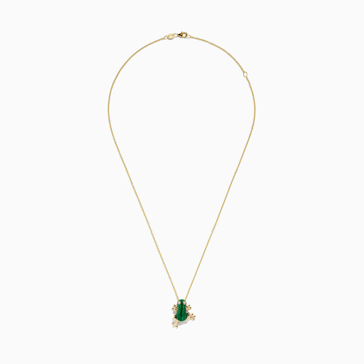 Safari 14K Yellow Gold Malachite and Diamond Frog Pendant: A gold chain necklace with a frog design, featuring a malachite green center and sparkling diamond eyes, crafted in 14K yellow gold.