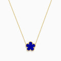 The Novelty 14K Yellow Gold Lapis Flower Necklace features a blue four-leaf clover-shaped pendant with a textured gold border, inspired by Effys signature design.