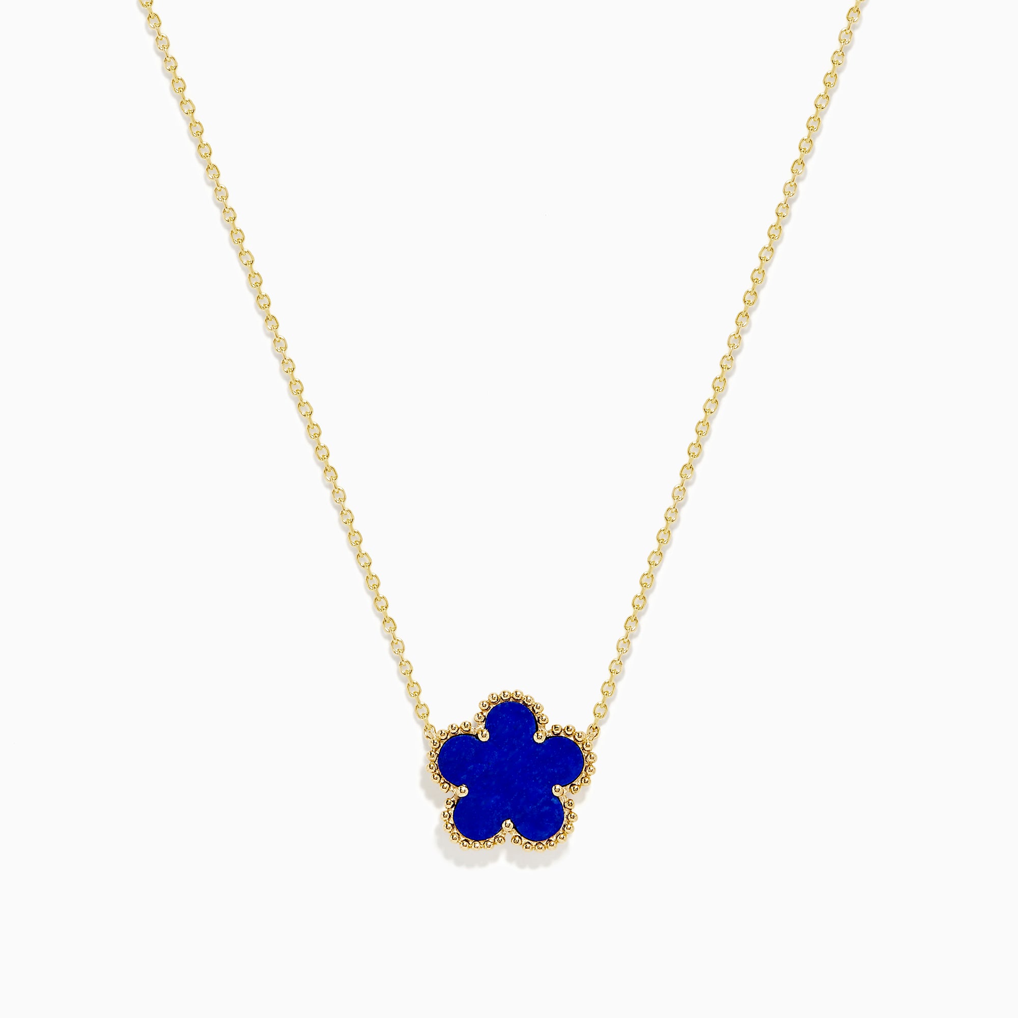 The Novelty 14K Yellow Gold Lapis Flower Necklace features a blue four-leaf clover-shaped pendant with a textured gold border, inspired by Effys signature design.