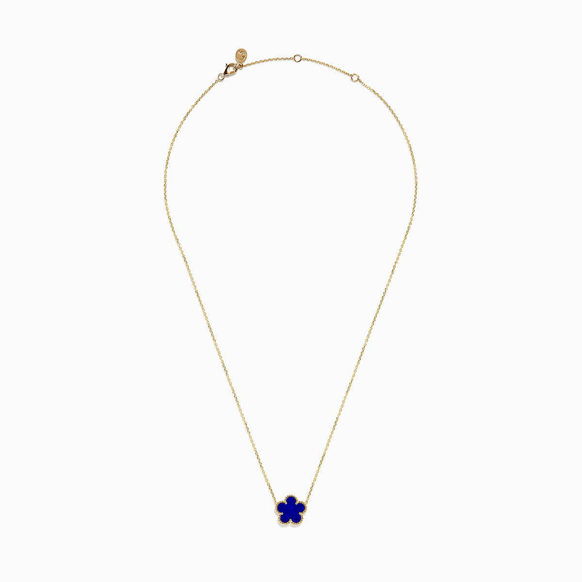 The Novelty 14K Yellow Gold Lapis Flower Necklace features a blue four-leaf clover-shaped pendant with a textured gold border, inspired by Effys signature design.