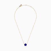 The Novelty 14K Yellow Gold Lapis Flower Necklace features a blue four-leaf clover-shaped pendant with a textured gold border, inspired by Effys signature design.