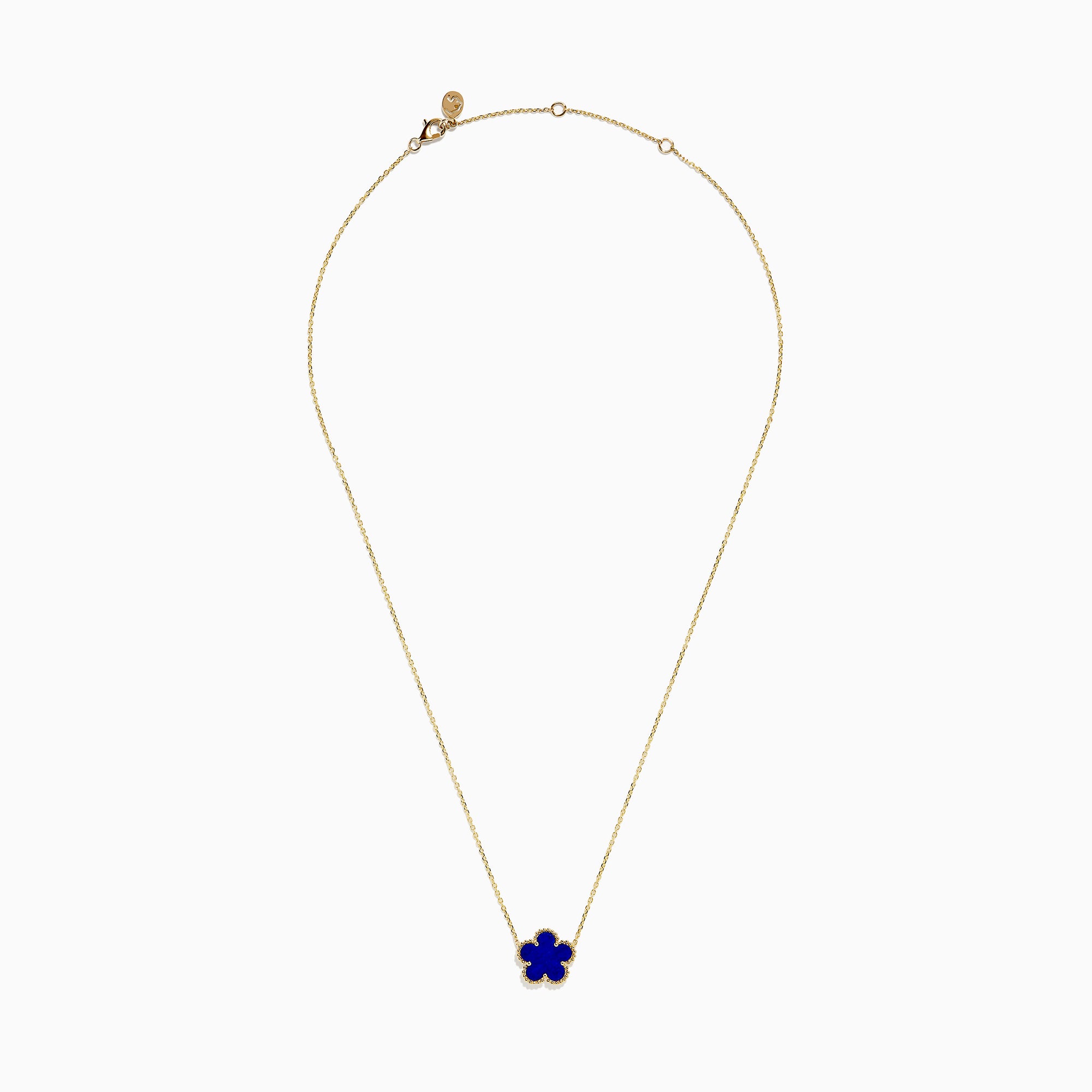 The Novelty 14K Yellow Gold Lapis Flower Necklace features a blue four-leaf clover-shaped pendant with a textured gold border, inspired by Effys signature design.