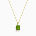 The 14K Yellow Gold Peridot and Diamond Pendant features a square-cut peridot gemstone and sparkling diamonds, set in yellow gold and shown against a white background.