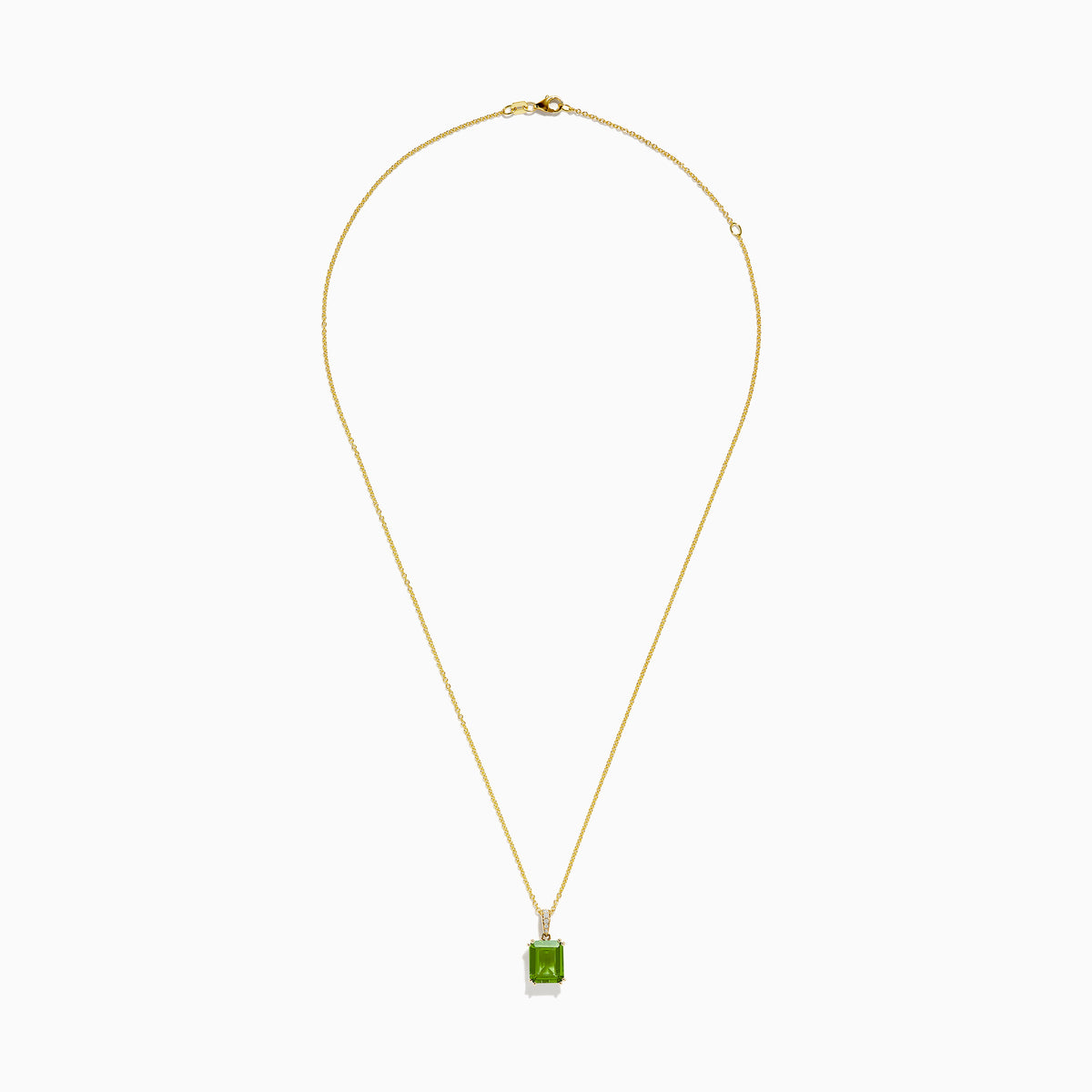 The 14K Yellow Gold Peridot and Diamond Pendant features a square-cut peridot gemstone and sparkling diamonds, set in yellow gold and shown against a white background.