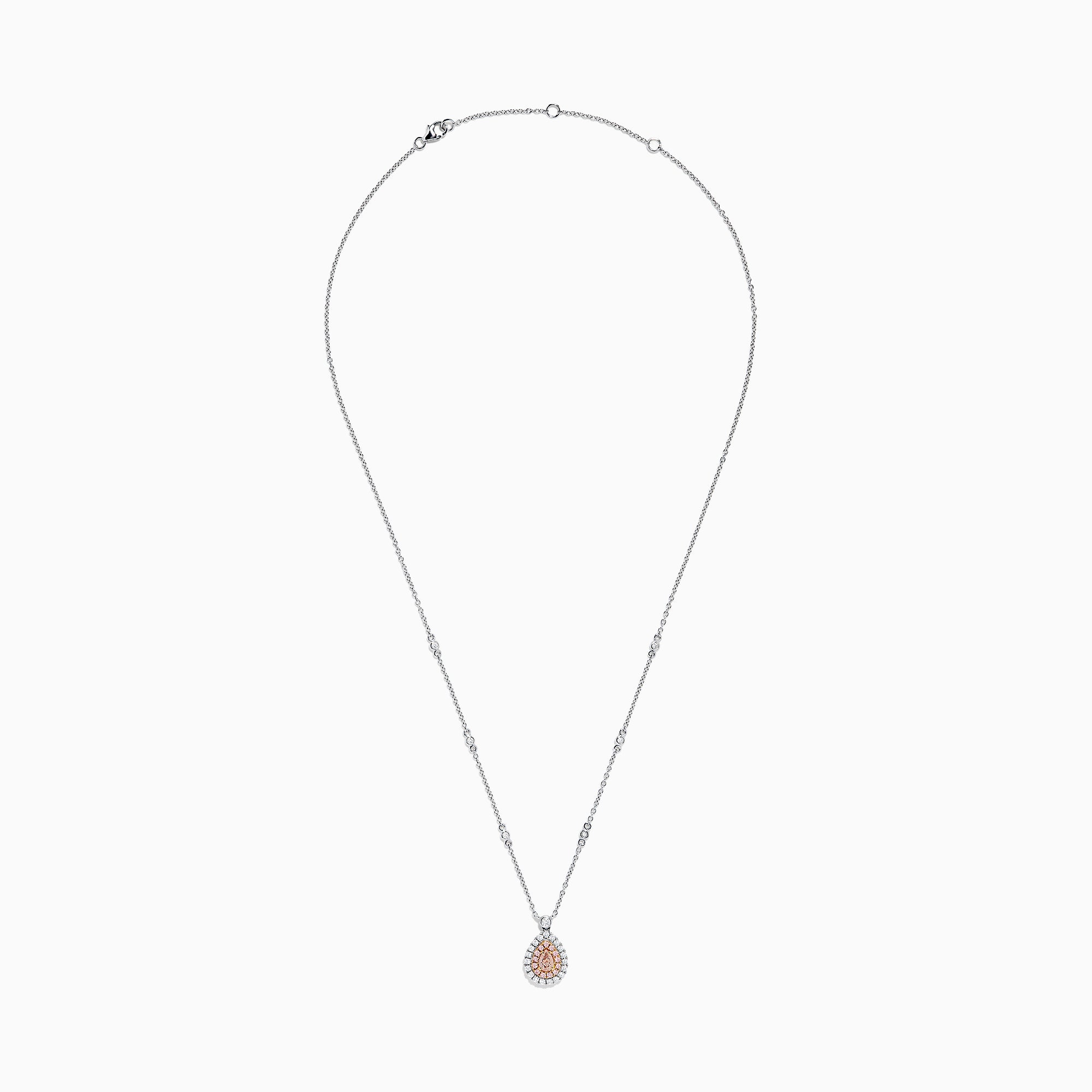 Elegant 18K gold necklace featuring a pinkish-brown certified diamond center, two rows of clear stones, and decorative chain links. Total carat weight: 0.70 TCW.