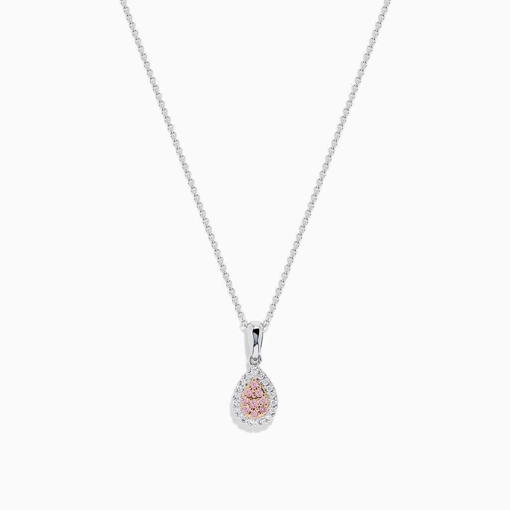 An 18K two-tone gold necklace featuring a pear-shaped pendant with pink and white diamonds (0.18 TCW) on a delicate chain. Set against a white background.