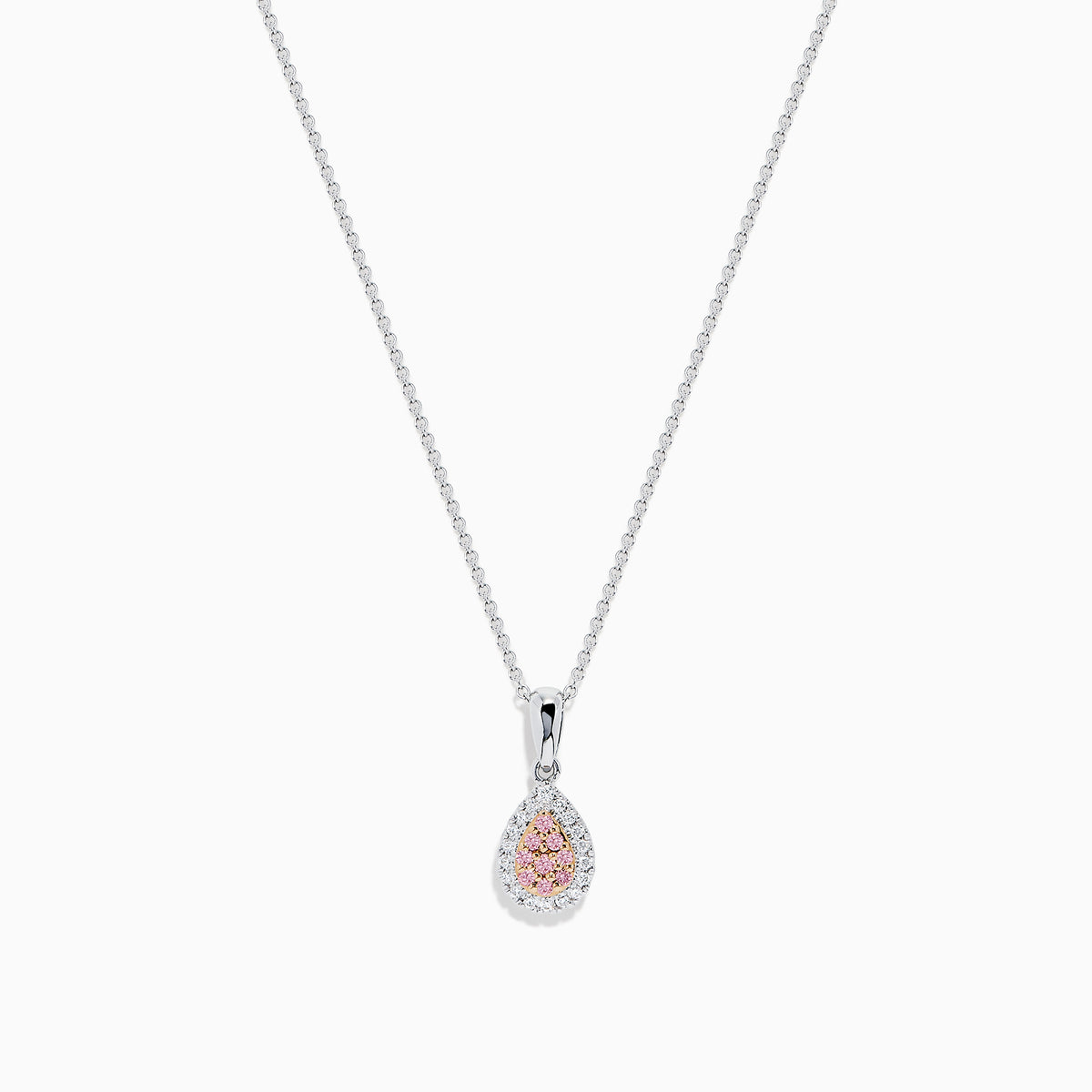 An 18K two-tone gold necklace featuring a pear-shaped pendant with pink and white diamonds (0.18 TCW) on a delicate chain. Set against a white background.