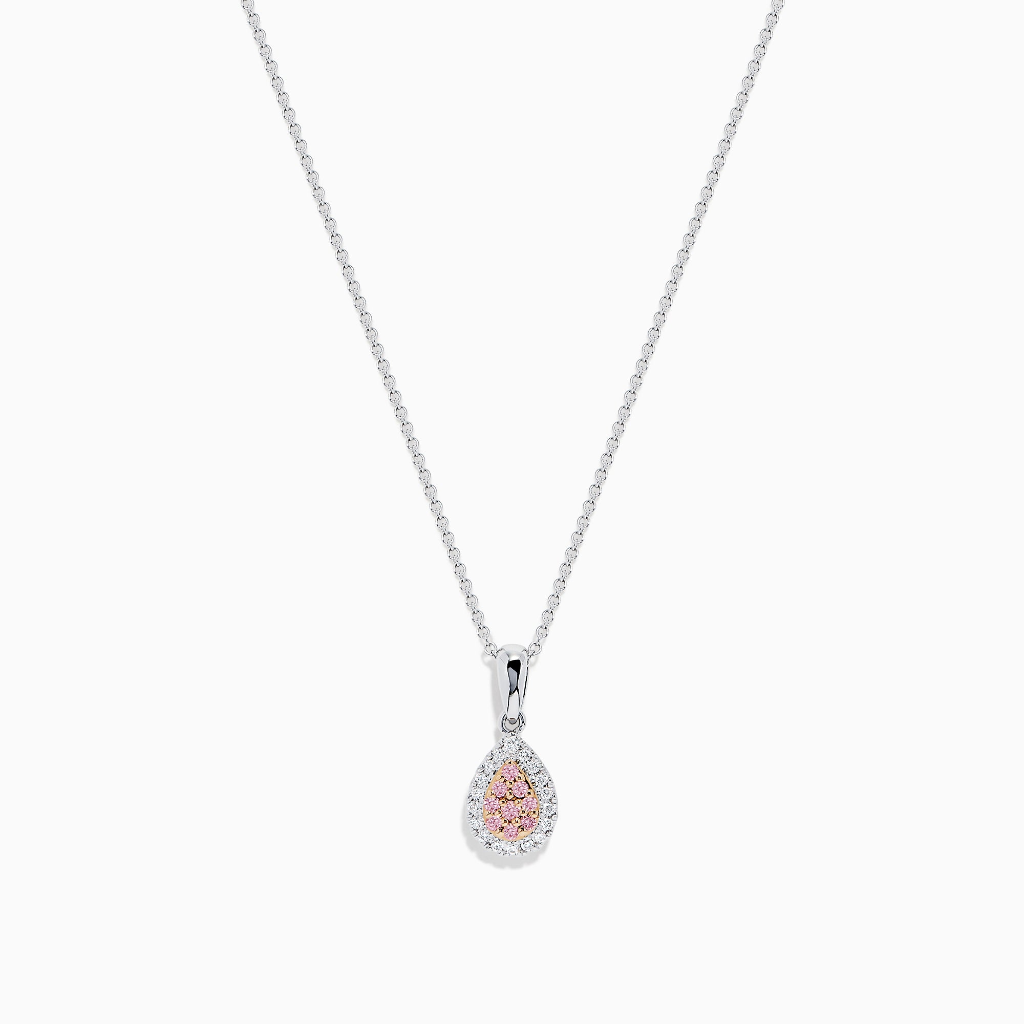 An 18K two-tone gold necklace featuring a pear-shaped pendant with pink and white diamonds (0.18 TCW) on a delicate chain. Set against a white background.