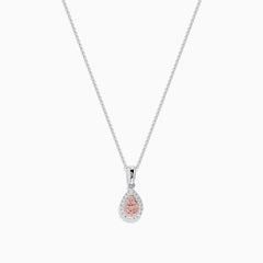 An 18K two-tone gold necklace featuring a pear-shaped pendant with pink and white diamonds (0.18 TCW) on a delicate chain. Set against a white background.