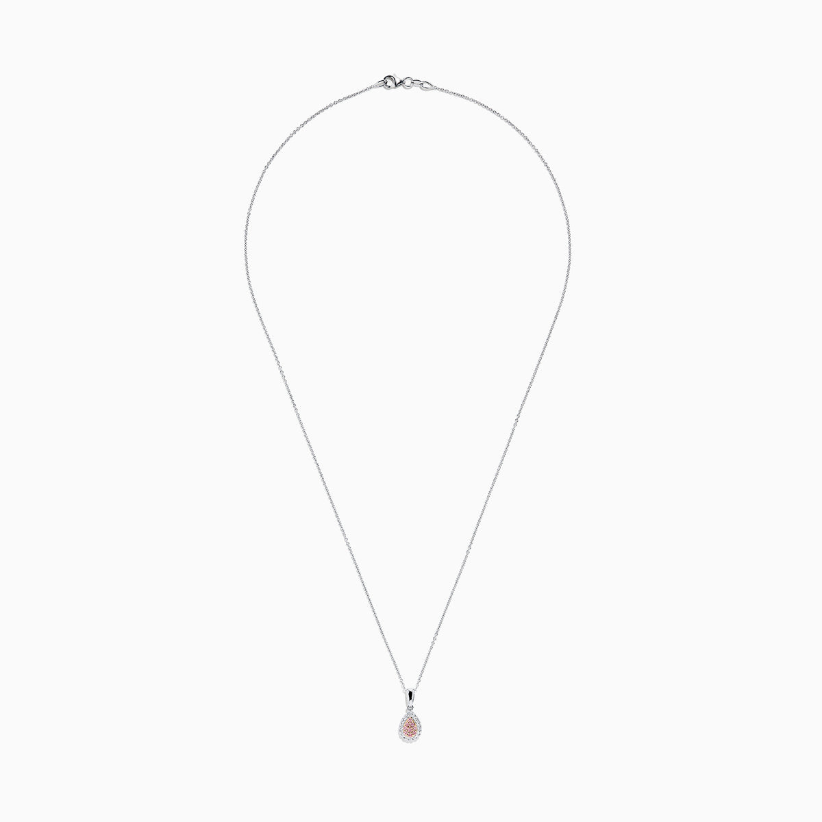 An 18K two-tone gold necklace featuring a pear-shaped pendant with pink and white diamonds (0.18 TCW) on a delicate chain. Set against a white background.