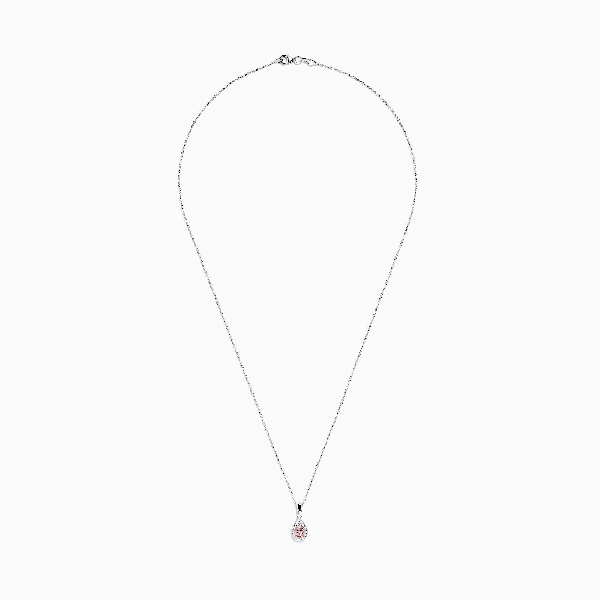 An 18K two-tone gold necklace featuring a pear-shaped pendant with pink and white diamonds (0.18 TCW) on a delicate chain. Set against a white background.