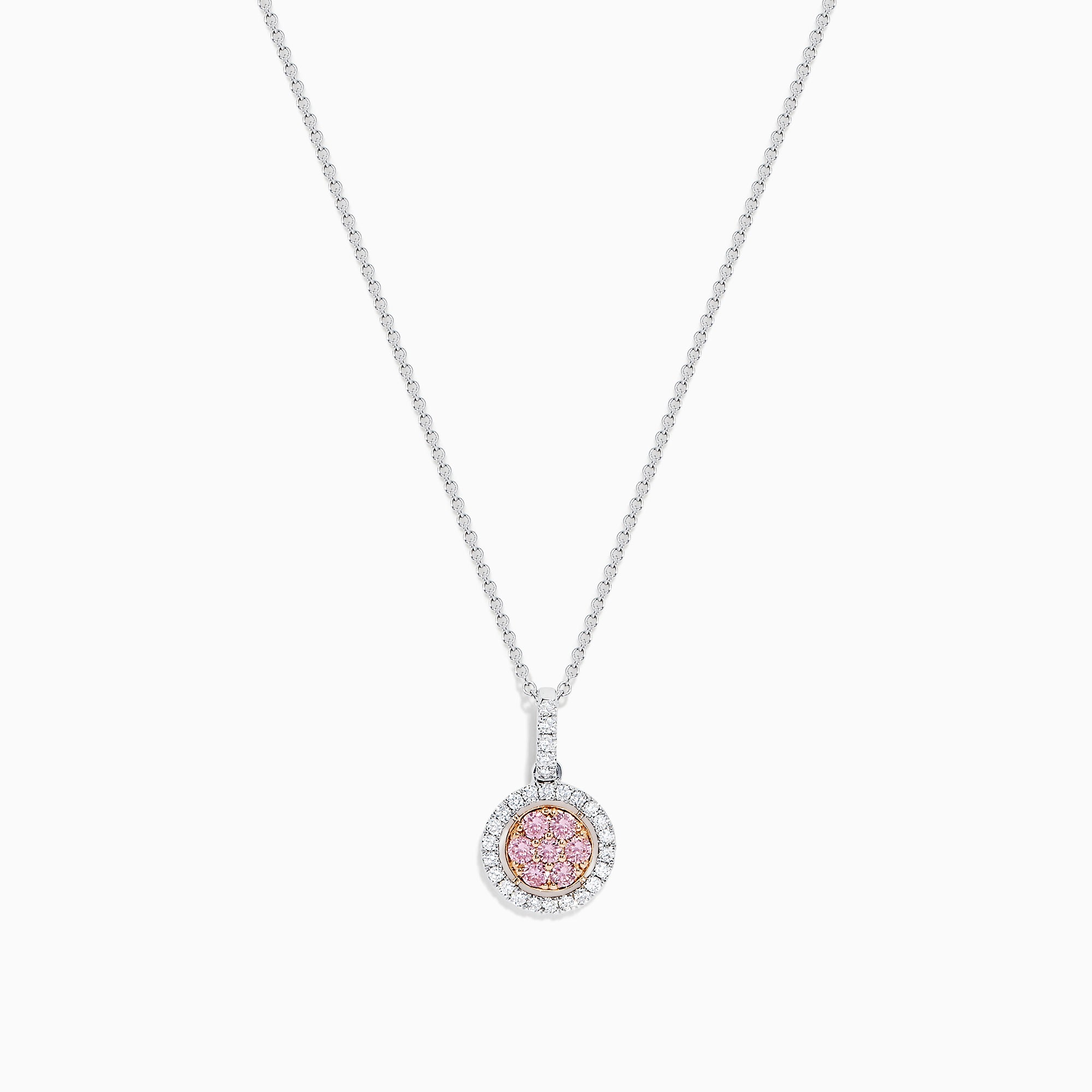 The 18K Two Tone Gold Pink and White Diamond Pendant features a circular design with a 0.42 TCW center cluster of pink diamonds, encircled by white diamonds, on a delicate chain for an elegant look.