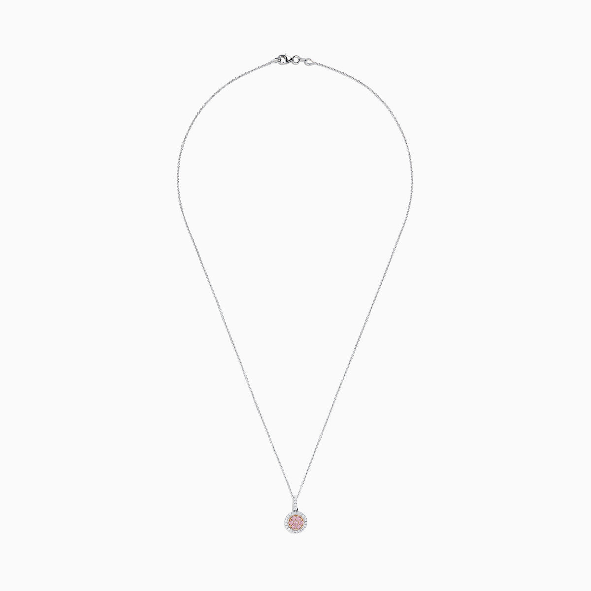 The 18K Two Tone Gold Pink and White Diamond Pendant features a circular design with a 0.42 TCW center cluster of pink diamonds, encircled by white diamonds, on a delicate chain for an elegant look.