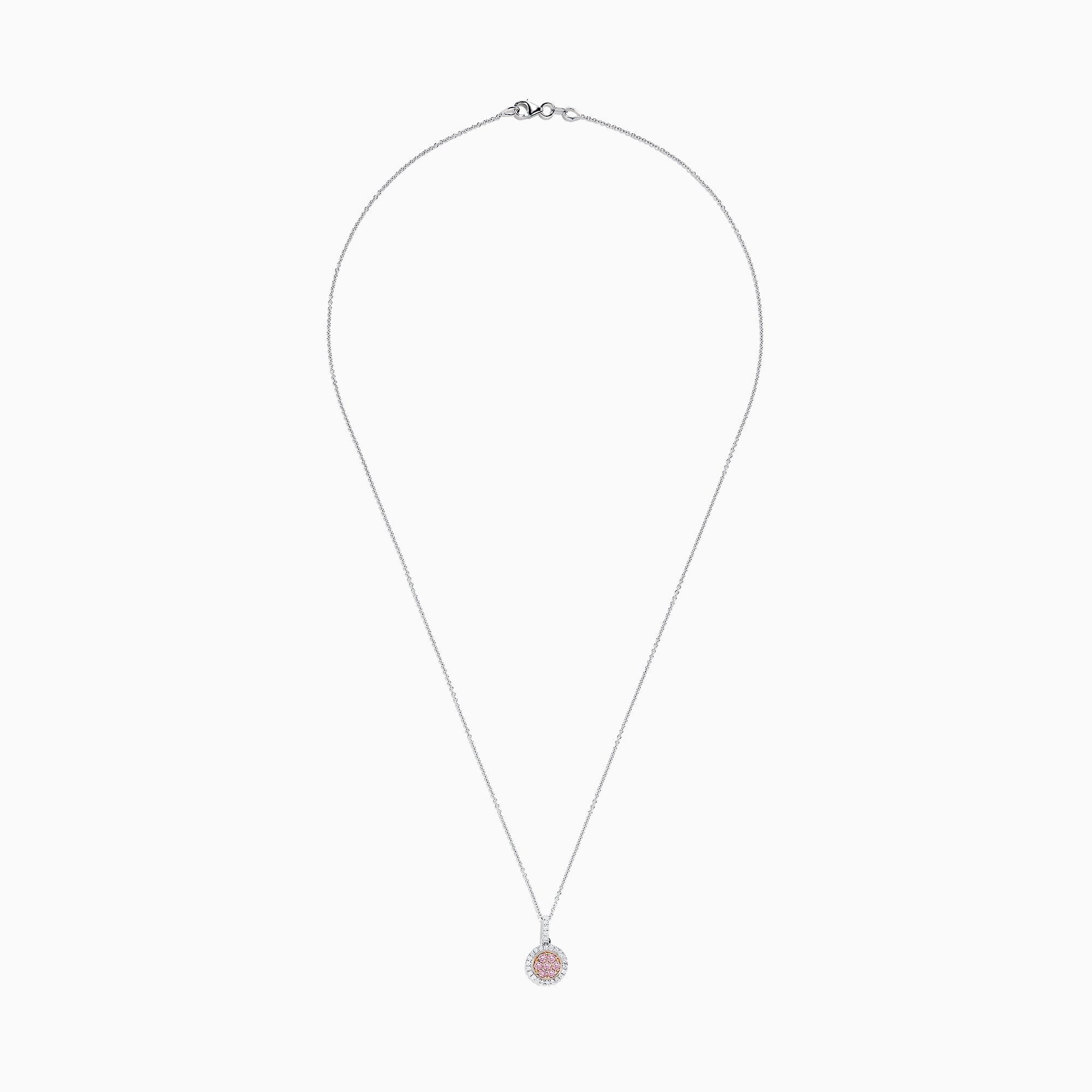 The 18K Two Tone Gold Pink and White Diamond Pendant features a circular design with a 0.42 TCW center cluster of pink diamonds, encircled by white diamonds, on a delicate chain for an elegant look.