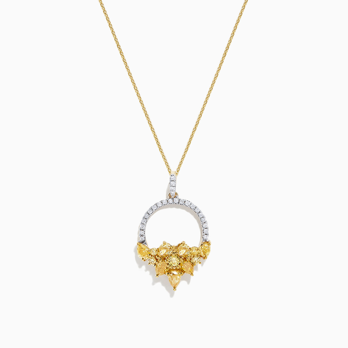 The 14K Yellow Gold Yellow and White Diamond Pendant (1.75 TCW) features a thin chain and a diamond-studded circular pendant with textured gold leaves forming a floral cluster for an elegant, intricate look.