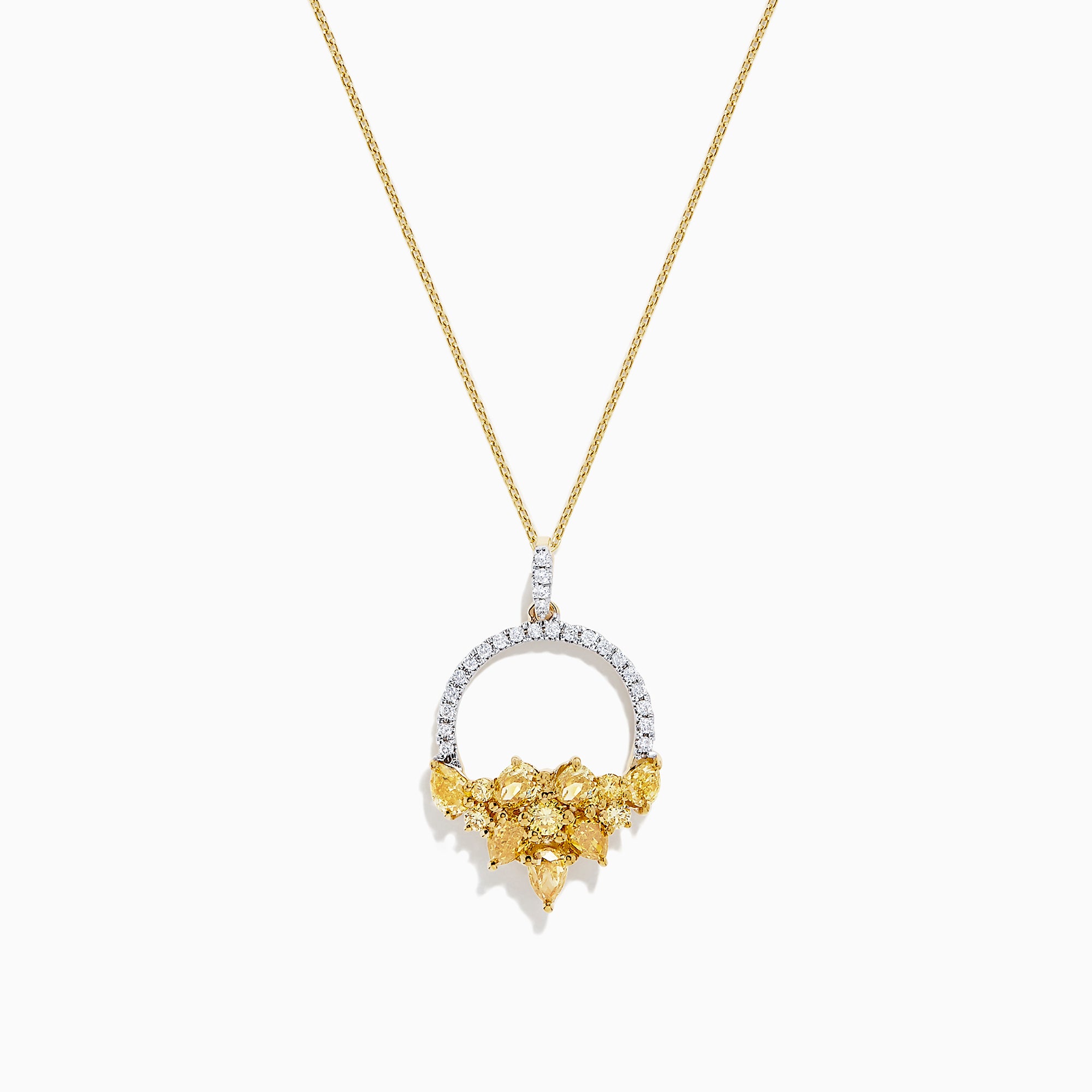 The 14K Yellow Gold Yellow and White Diamond Pendant (1.75 TCW) features a thin chain and a diamond-studded circular pendant with textured gold leaves forming a floral cluster for an elegant, intricate look.