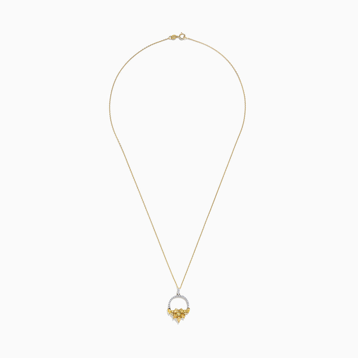 The 14K Yellow Gold Yellow and White Diamond Pendant (1.75 TCW) features a thin chain and a diamond-studded circular pendant with textured gold leaves forming a floral cluster for an elegant, intricate look.