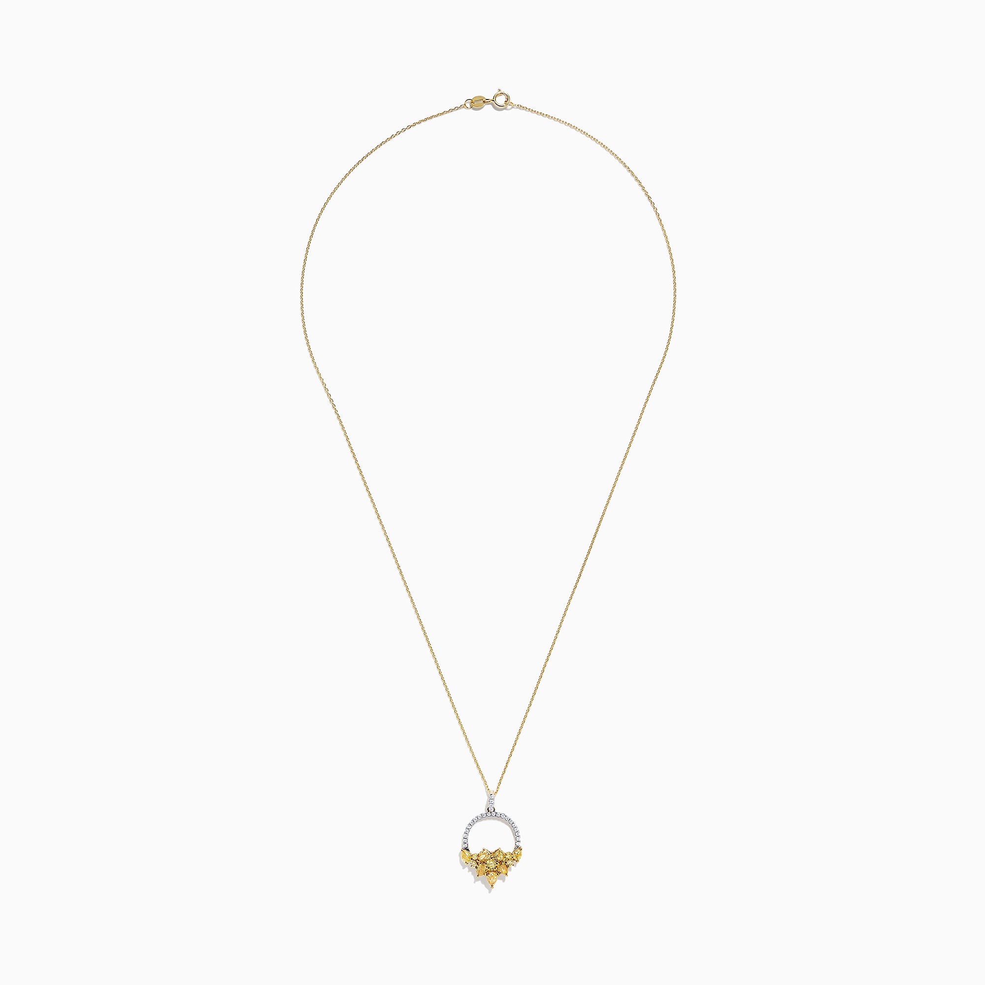 The 14K Yellow Gold Yellow and White Diamond Pendant (1.75 TCW) features a thin chain and a diamond-studded circular pendant with textured gold leaves forming a floral cluster for an elegant, intricate look.