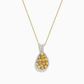 A 14K Two Tone Gold Yellow Diamond Pendant (1.75 TCW) featuring pear-shaped yellow diamonds and white stones, set on a fine gold chain, displayed against a white background.