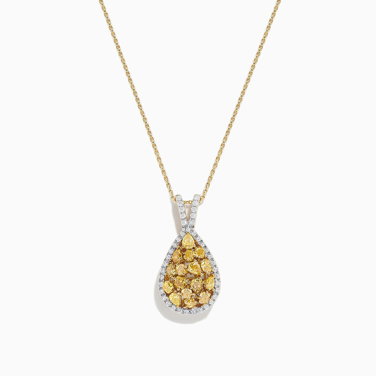 A 14K Two Tone Gold Yellow Diamond Pendant (1.75 TCW) featuring pear-shaped yellow diamonds and white stones, set on a fine gold chain, displayed against a white background.