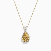 A 14K Two Tone Gold Yellow Diamond Pendant (1.75 TCW) featuring pear-shaped yellow diamonds and white stones, set on a fine gold chain, displayed against a white background.