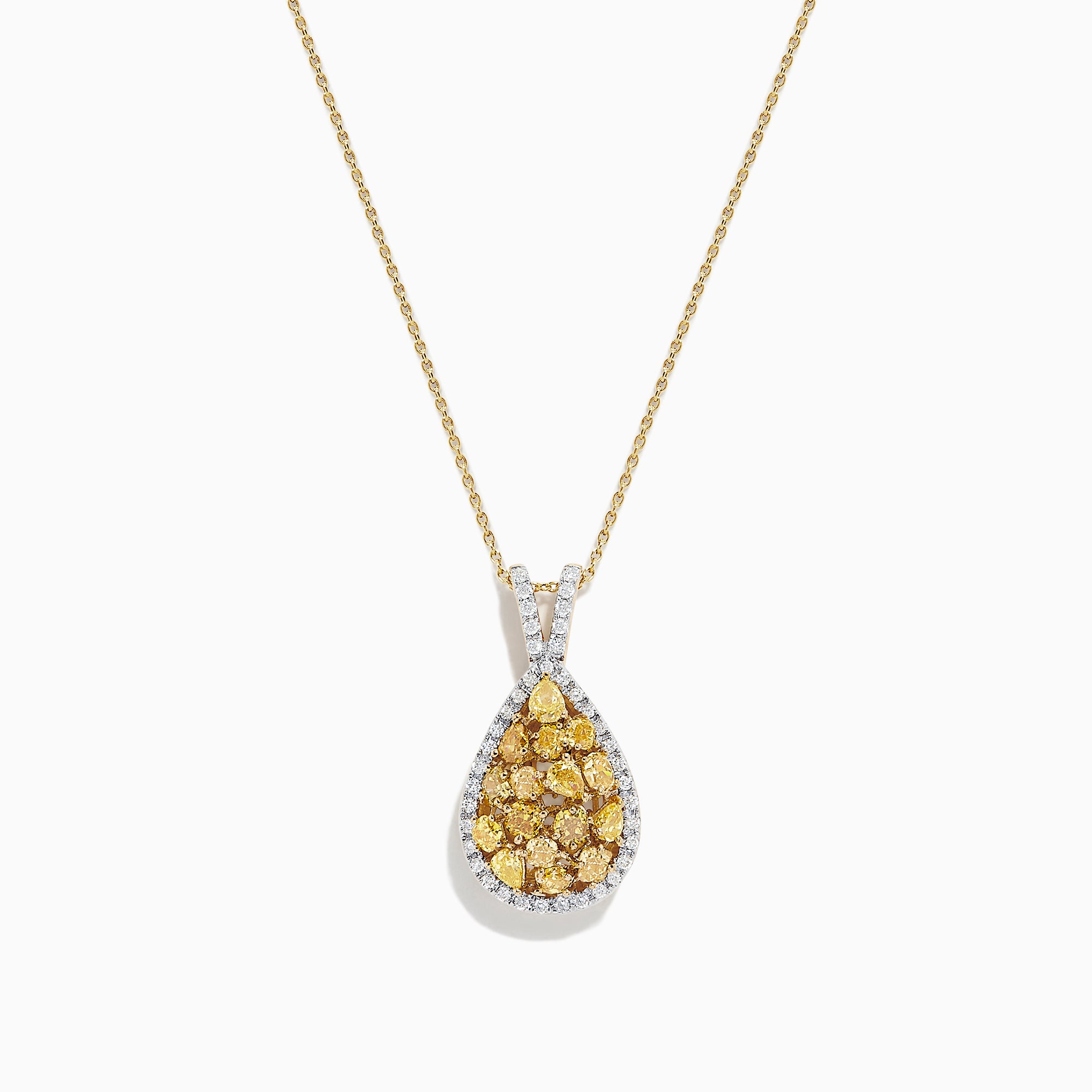 A 14K Two Tone Gold Yellow Diamond Pendant (1.75 TCW) featuring pear-shaped yellow diamonds and white stones, set on a fine gold chain, displayed against a white background.