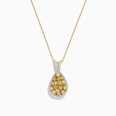 A 14K Two Tone Gold Yellow Diamond Pendant (1.75 TCW) featuring pear-shaped yellow diamonds and white stones, set on a fine gold chain, displayed against a white background.