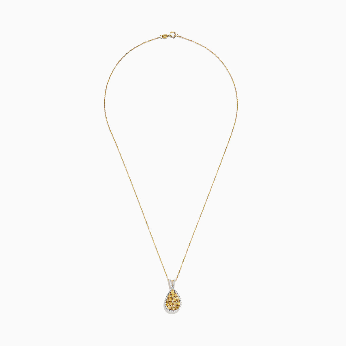 A 14K Two Tone Gold Yellow Diamond Pendant (1.75 TCW) featuring pear-shaped yellow diamonds and white stones, set on a fine gold chain, displayed against a white background.