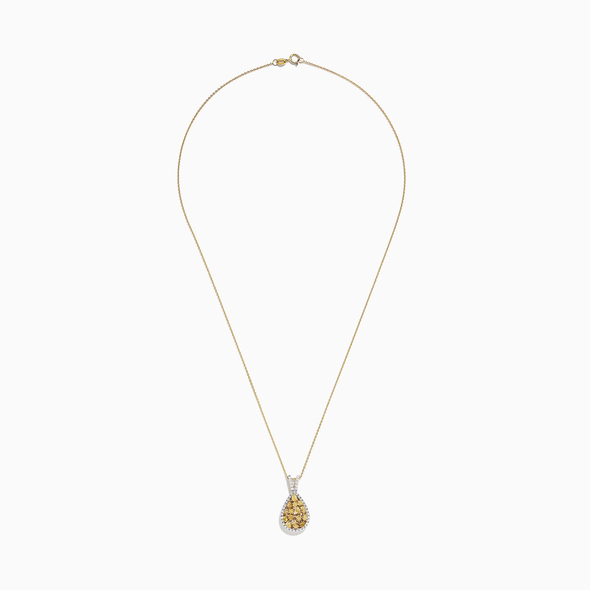 A 14K Two Tone Gold Yellow Diamond Pendant (1.75 TCW) featuring pear-shaped yellow diamonds and white stones, set on a fine gold chain, displayed against a white background.