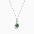 A 14K white gold pendant featuring a round green Tanzanite and diamonds (2.35 TCW) on a delicate chain, displayed on a white background.