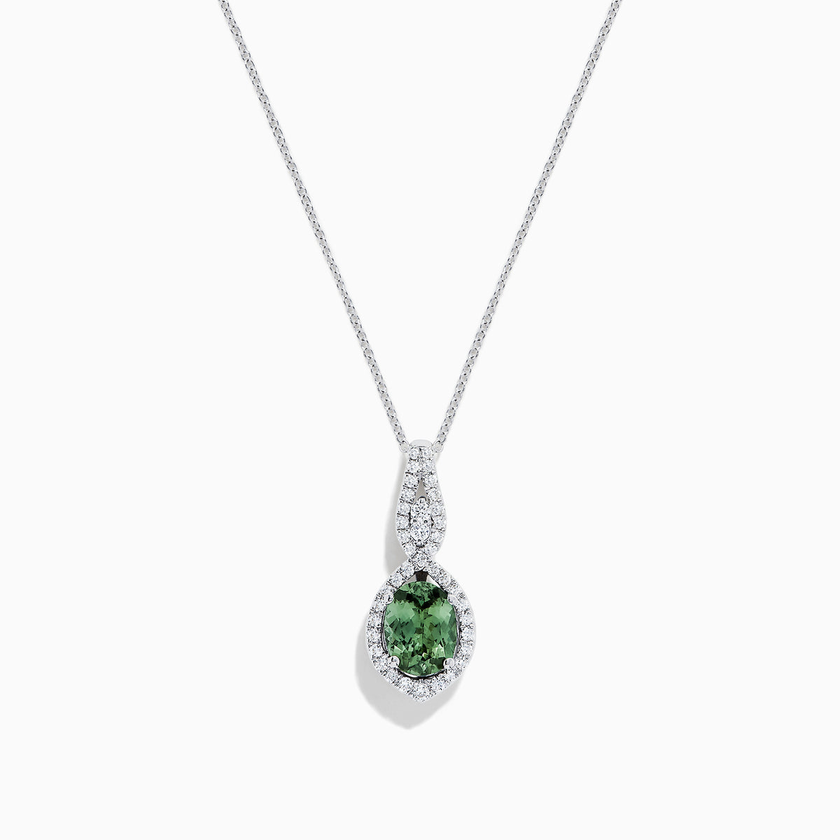 A 14K white gold pendant featuring a round green Tanzanite and diamonds (2.35 TCW) on a delicate chain, displayed on a white background.