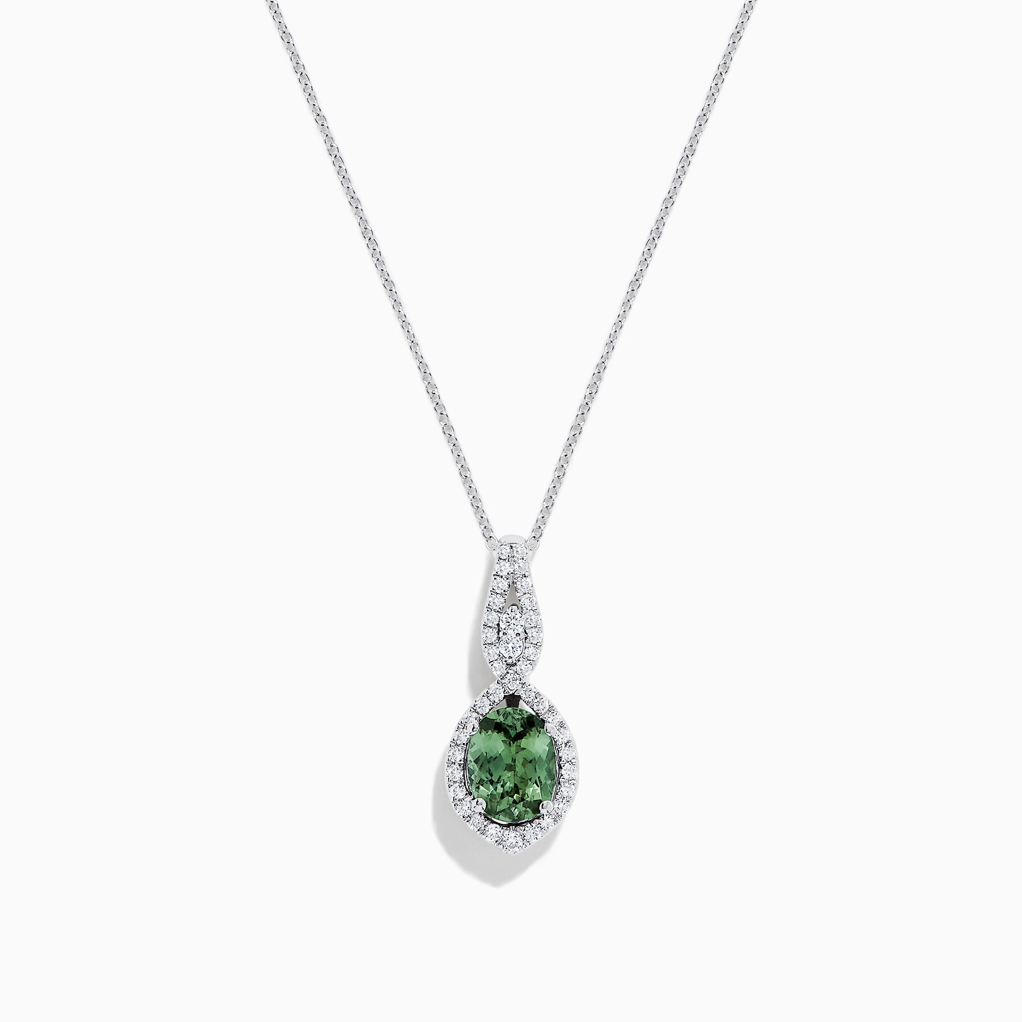 A 14K white gold pendant featuring a round green Tanzanite and diamonds (2.35 TCW) on a delicate chain, displayed on a white background.