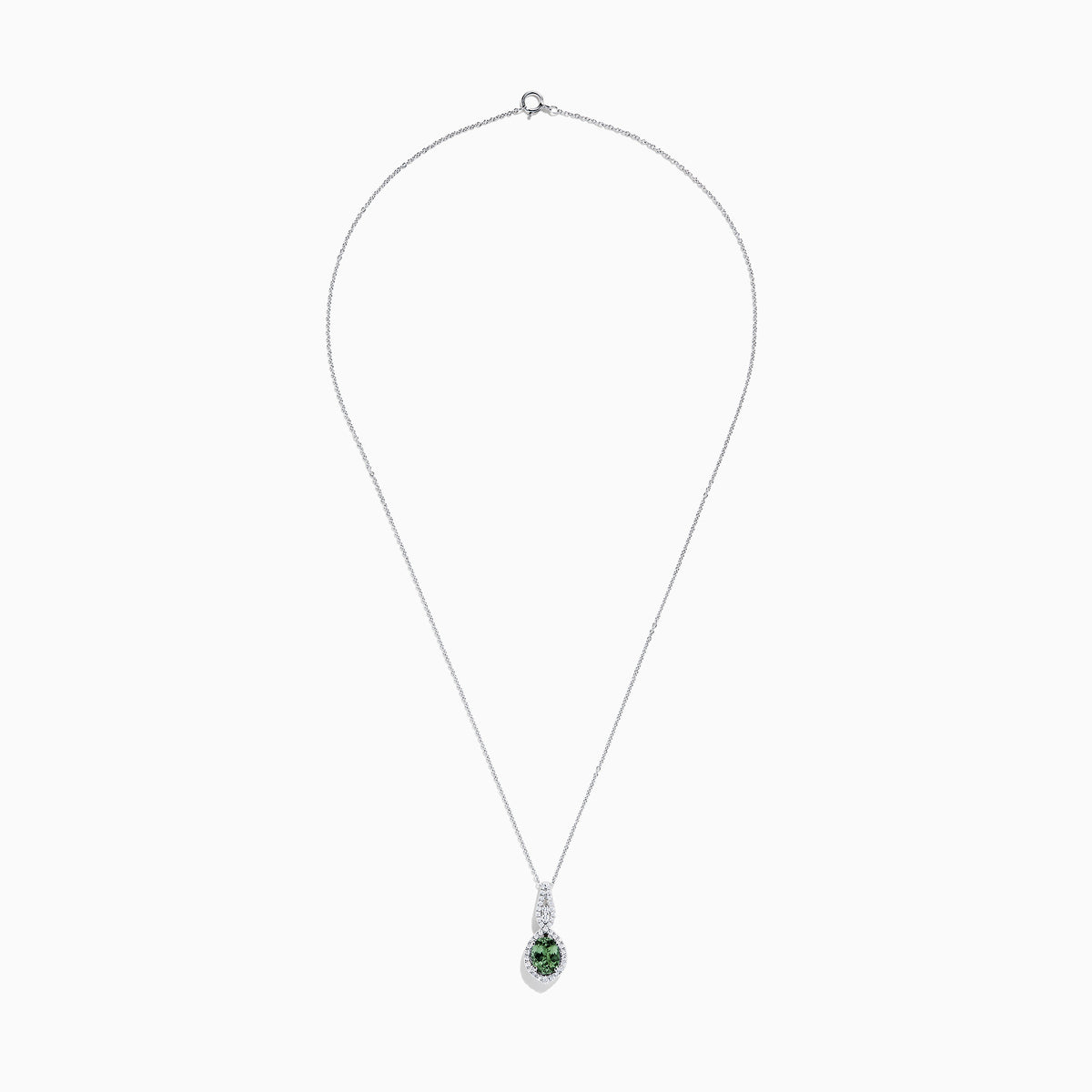 A 14K white gold pendant featuring a round green Tanzanite and diamonds (2.35 TCW) on a delicate chain, displayed on a white background.