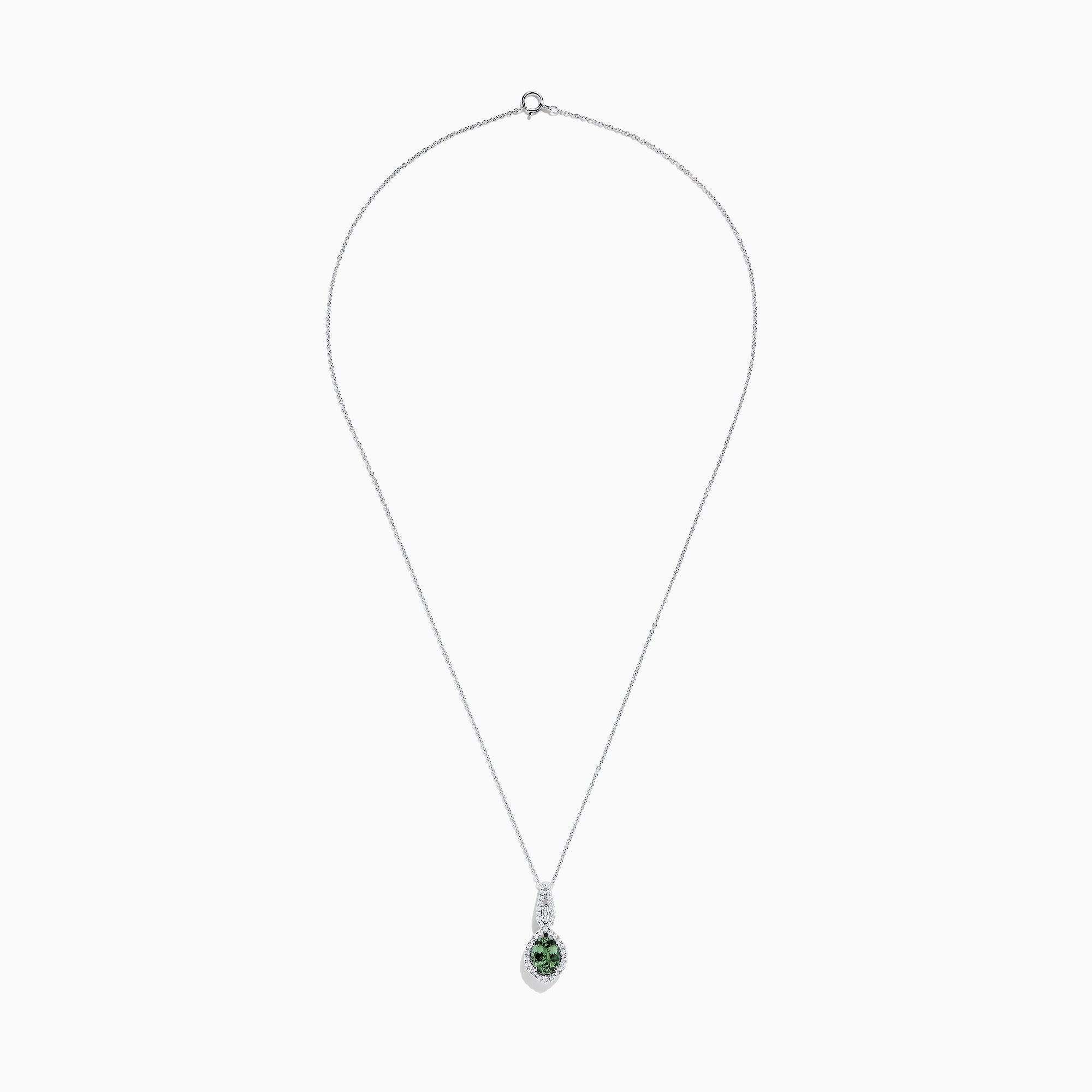 A 14K white gold pendant featuring a round green Tanzanite and diamonds (2.35 TCW) on a delicate chain, displayed on a white background.