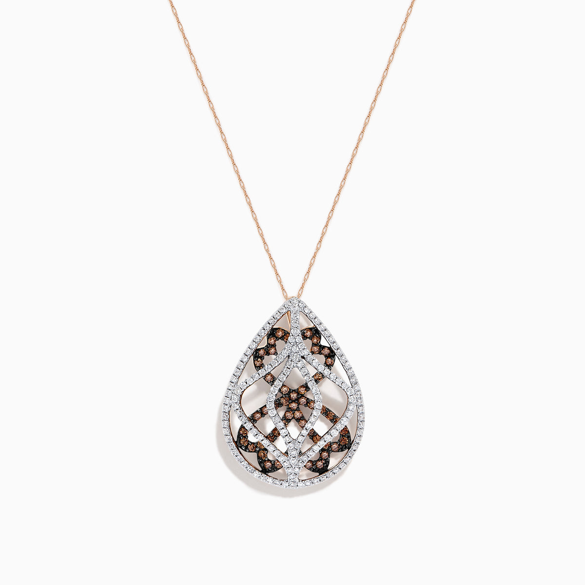 The 14K Rose Gold Espresso and White Diamond Pendant features a teardrop-shaped openwork design with 1.00 TCW diamonds in silver and rose gold, suspended from a delicate rose gold chain.