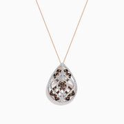 The 14K Rose Gold Espresso and White Diamond Pendant features a teardrop-shaped openwork design with 1.00 TCW diamonds in silver and rose gold, suspended from a delicate rose gold chain.