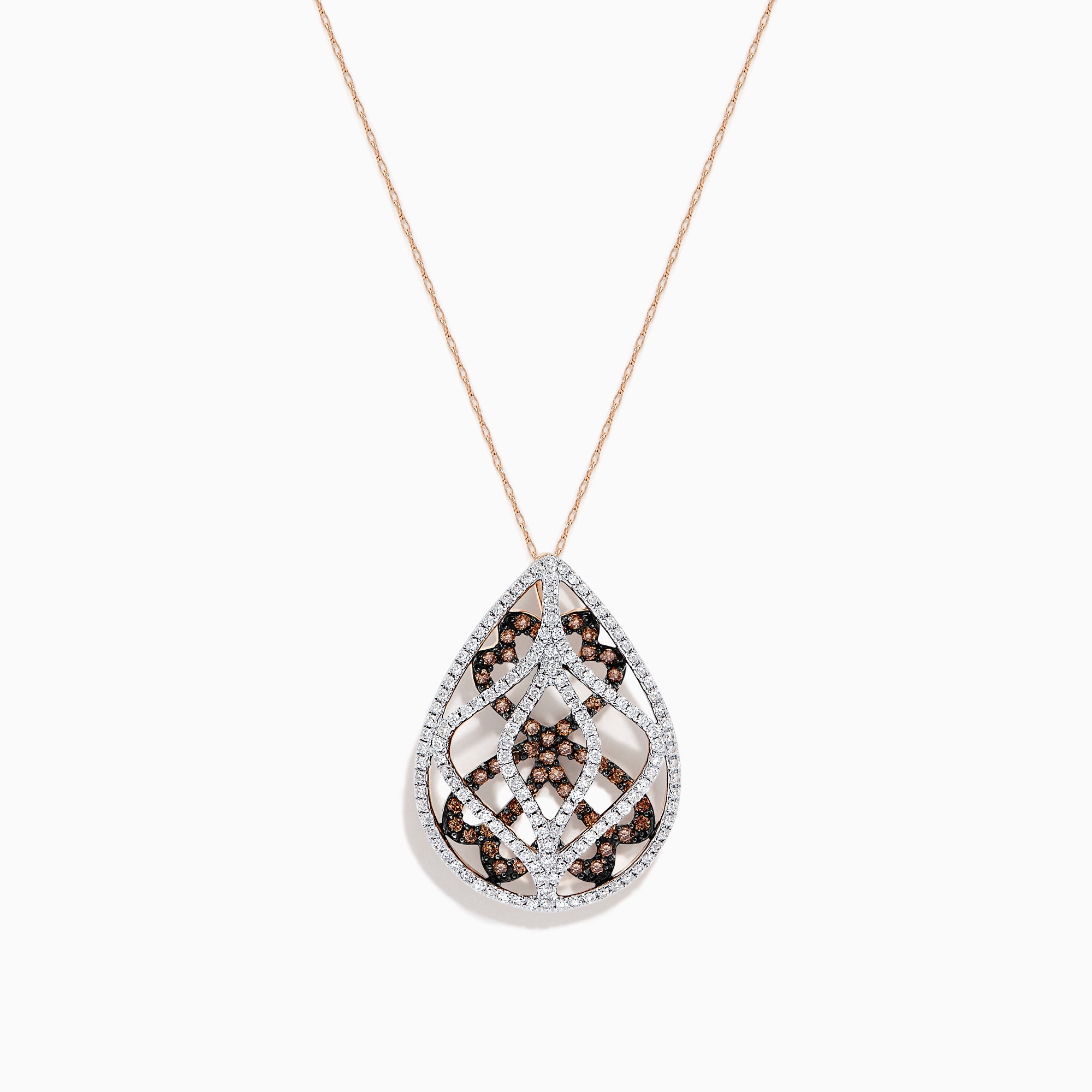 The 14K Rose Gold Espresso and White Diamond Pendant features a teardrop-shaped openwork design with 1.00 TCW diamonds in silver and rose gold, suspended from a delicate rose gold chain.