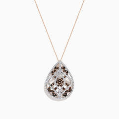 The 14K Rose Gold Espresso and White Diamond Pendant features a teardrop-shaped openwork design with 1.00 TCW diamonds in silver and rose gold, suspended from a delicate rose gold chain.