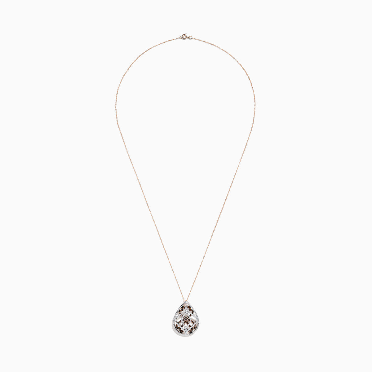 The 14K Rose Gold Espresso and White Diamond Pendant features a teardrop-shaped openwork design with 1.00 TCW diamonds in silver and rose gold, suspended from a delicate rose gold chain.