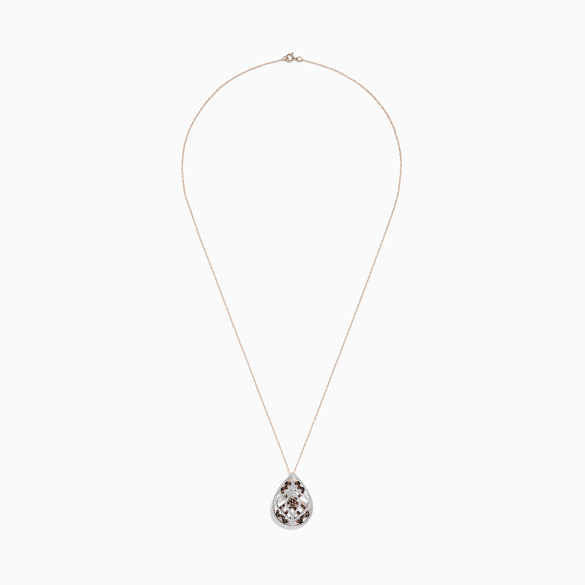 The 14K Rose Gold Espresso and White Diamond Pendant features a teardrop-shaped openwork design with 1.00 TCW diamonds in silver and rose gold, suspended from a delicate rose gold chain.
