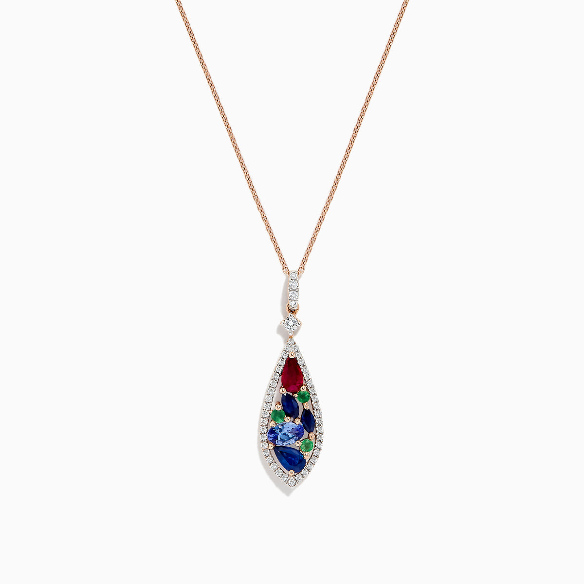 A 14K rose gold chain necklace featuring a multi gemstone and diamond pendant (1.45 TCW).